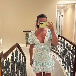 Green and white ruffle lace mini dress